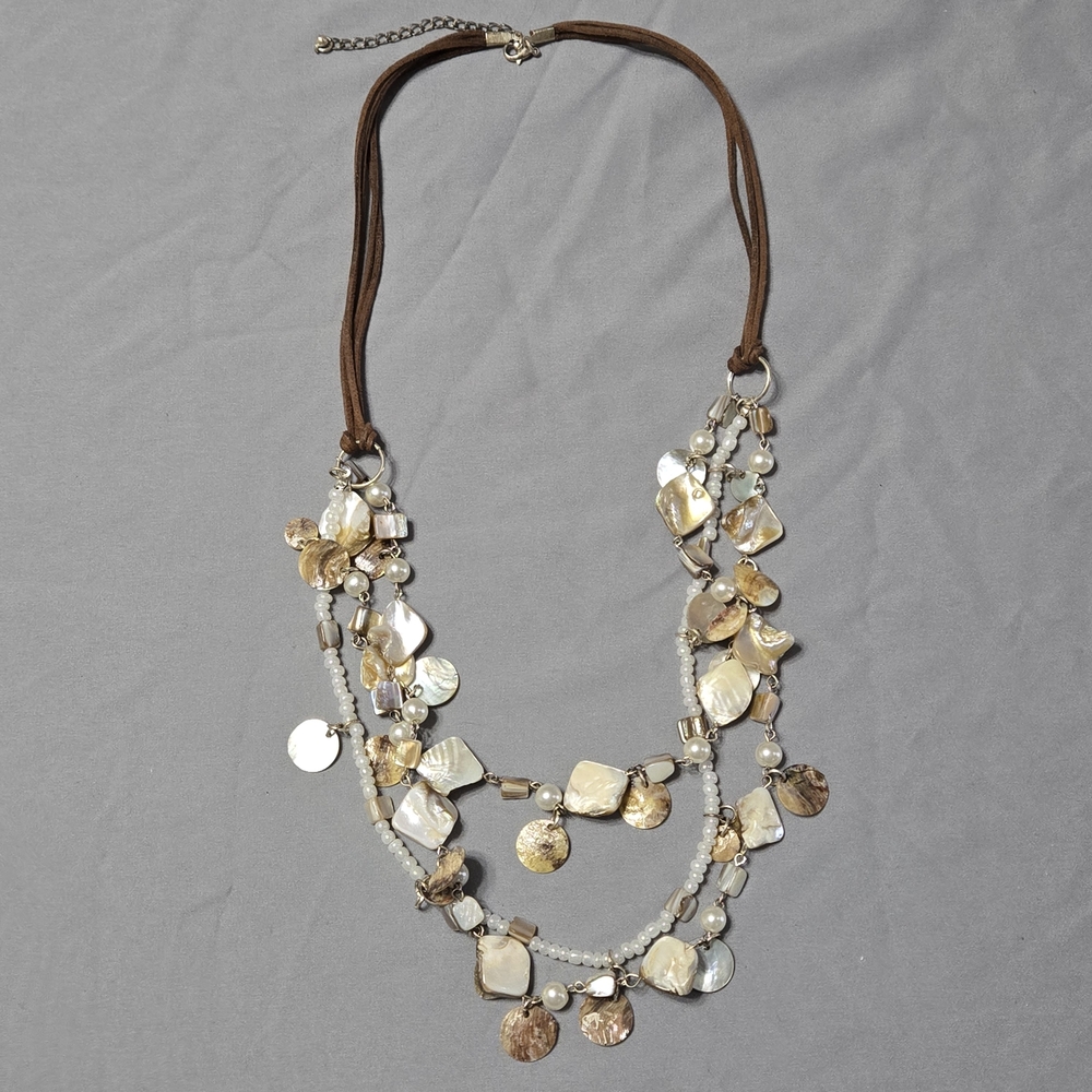 Abalone Shell Two Strand Boho White Swirl Bead Necklace & Earrings Set